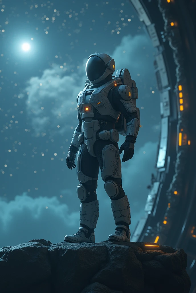 (Best Quality, 4k, ultra detailed, high resolution, Masterpiece: 1.2),(wide angle, Character in the distance on a futuristic building:1.5), There is a character seen from afar, located on a high observation point:1.4. It is small compared to the surroundings., highlighting the magnitude of the ship. The character is equipped with a space suit:1.5, with flashing lights and mechanical details.view of outer space: Through the ship&#39;s openings, you see a vast starry space. The stars are unevenly distributed., creating variable densities and suggesting the remoteness of some celestial objects.