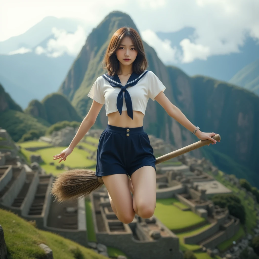  A Japanese woman floating above the ancient ruins:1.331,  Peru, Andes, Ancient ruins Machu Picchu :1.331, from side:1.8, ( best quality:1.4),   32k high resolution UHD  , (  Masterpiece :1.2),  Highly detailed live action, (Realistic, 超Realistic:1.4),    Japanese Woman Floating Above Ancient Ruins , Beautiful Japanese woman ,   a famous beautiful Japanese idol  ,  Fly through the air while straddling a long-handled broom:1.331,   A woman who feels like a wizard  ,   she enjoys free flight  ,  perfect composition of drapes , Proper placement, Golden Ratio, dusk,  Faint Light Through the Clouds ,  Very Beautiful Japanese Woman :1.331,   has a small head :1.331,  細身の体:1.331,   Thin Waist:1.331, Thin limbs:1.331,   flat chested:1.331, Cover your chest with your hands:1.21,   Japanese High School Sailor Suit   :1.21, Short sleeve clothing,  white short sleeve sailor suit :1.21,  will be Fuku:1.21,  navy miniskirt ,  I can see her belly button  ,  brown hair,  Wave cut hair :1.21,  symmetrical eyes next to woman ,   Very Beautiful Clear Eyes  ,   Beautiful hair fluttering in the wind  , 