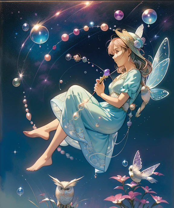 A woman blowing soap bubbles wearing a dress, ethereal and whimsical bubbles, Moebius style and whimsical, dreamlike details, intricate whimsical, close-up fantasy using water magic, fairy tale artwork, fairy tale painting, in the style of Anna Dittmann, whimsical art, realistic fantasy painting, art jam Julie Bell Beeple