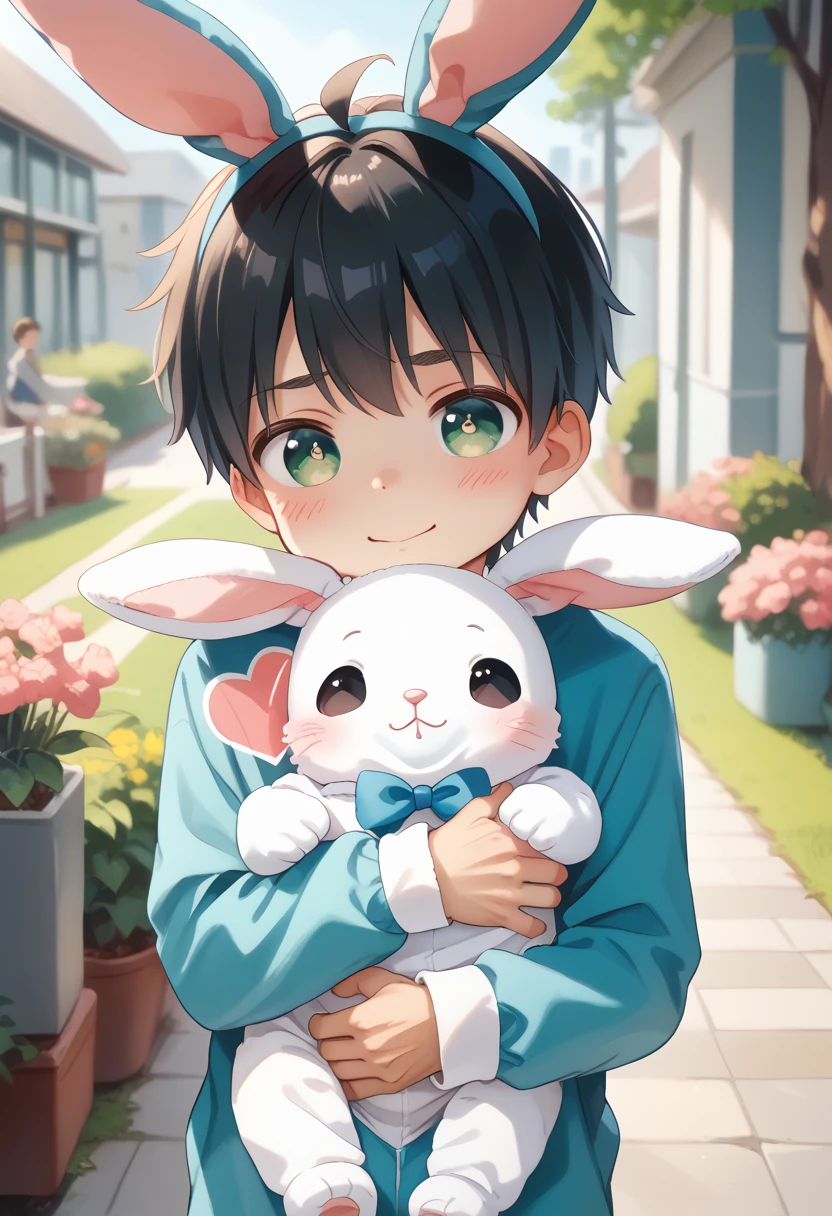 Comic style, comic anime cute boy, black hair, green eyes, slightly blushing, is a primary school boy, baby clothes, bunny suit pink, cute face, big eyes, anime drawing style, shota boy size,slim body, boy's body, gay, boys love it, man and boy, heart in pupil baby boy, small boy, arm hug holding boyfriend, baby bunny clothes 