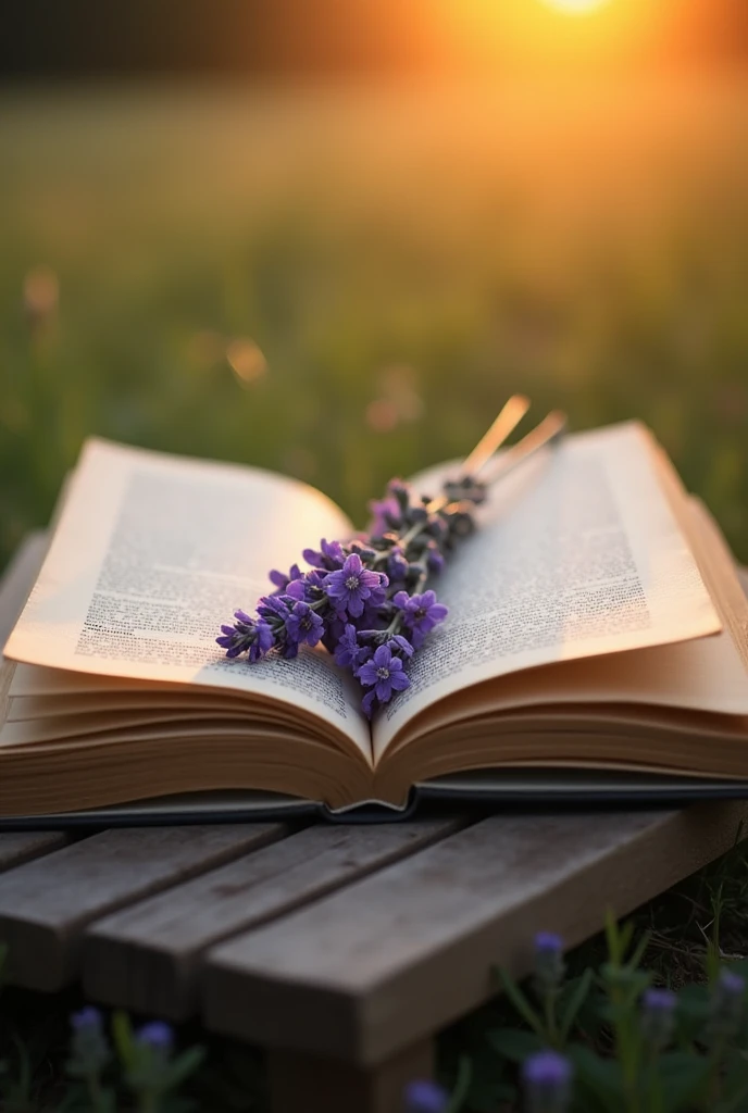 lavender flowers on an open book, slightly aged pages with faint text, soft glowing lights in the background, ethereal purple tones, exquisite, masterpiece, photorealistic, 8k, ultra detailed, natural lighting, romantic, elegant, mystical, delicate