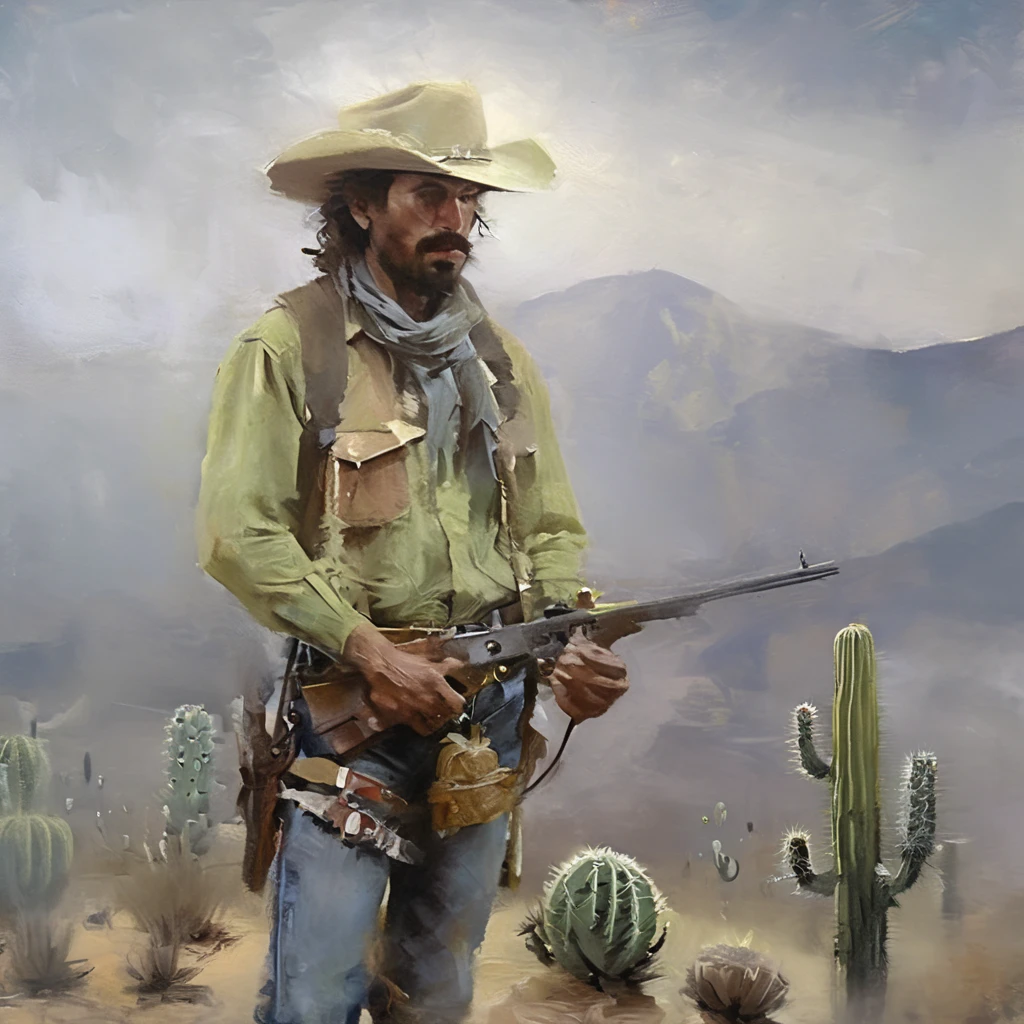 He has combed brown hair and a somewhat unkempt beard. His eyes are brown. Use John Marston from Red Dead Redemption as a reference. He wears a hat with a feather. He also has a scar on his face. He is American, with a strong sense of brotherhood, and is always seen smoking. I would like the art to be in a fantasy RPG style, set in the old west.