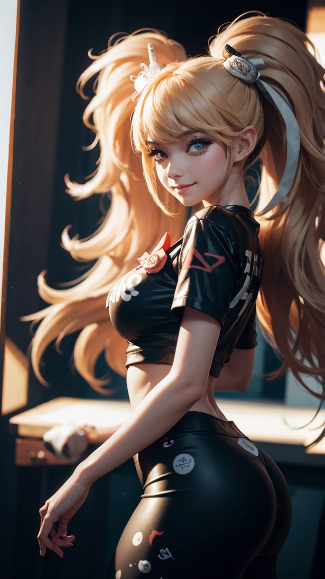 &quot;((masterpiece), top quality), loli, high detail, 8k, blonde hair, 1girl, ass, printed short top, gym shorts, choker, petite