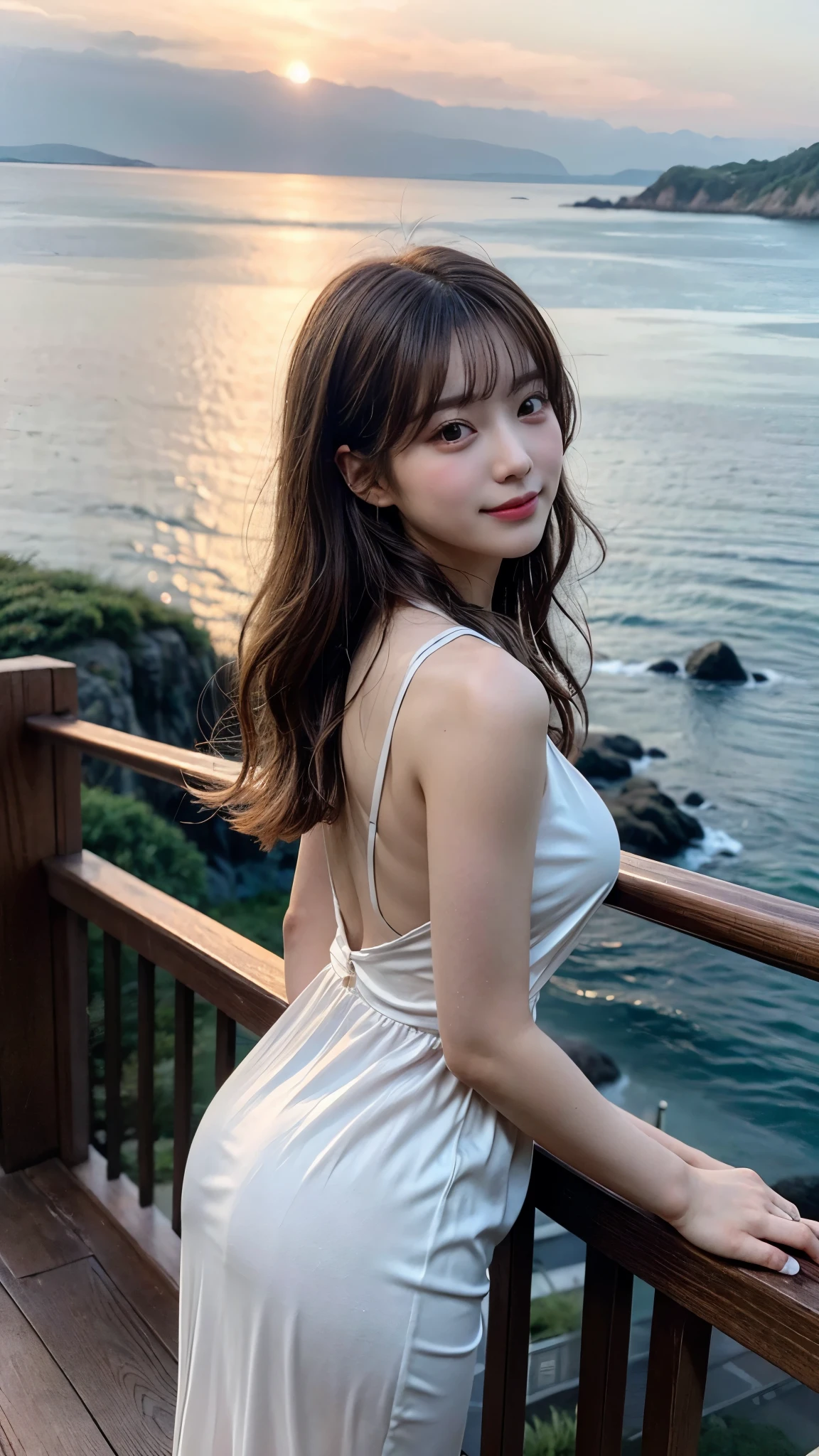 masutepiece, Best Quality、Realistic, ( Intricate details, depth of fields)、Hyper-Realism, 8K, Best Quality, Super Detail, retinas, ighly detailed, Perfect face, Perfect body, Huge breasts, Constriction, Very big ass, Glamour, indirect lighting, blondehair、hair wavy, short-hair、prety woman, the perfect appearance, Smile, Lolita, Oily skin、shinny skin,  tre anatomically correct、mare、
Woman wearing white bathrobe、wide々Imagine standing on the balcony of a luxury hotel.。She stands gracefully、I'm posing like I'm looking into the distance.。Beautiful view of the balcony or the elegant appearance of the building spreads in the background