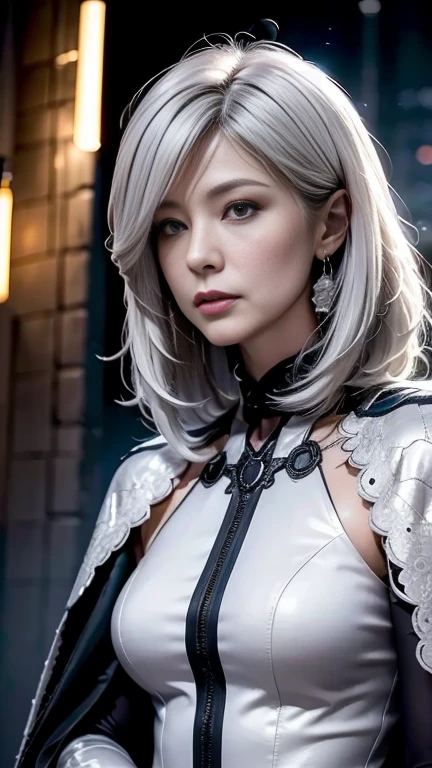  Masterpiece ,  High Quality ,  high definition , 8k, (Alone:1.5), (( 1 woman:1.5)),  comet ,  detailed face ,  DETAILS EYES , correct body structure,  sexy,  upper body, (( white hair :1.2)),  random hairstyle,  messy hair , 細身の体,  Seductive Silhouettes , Glorious skeleton,  depth of writing, Dark photo at night, dim, bangs,  movie-like lighting, tyndall effect,  abstract background , Saint Michel Cathedral, Futuristic costume, Based on black,  modern style ,  Wide Sleeve, Artistic, Unique Pattern ,  colorful ,  perfect eye details , trend, ywife, conceptual art, Euro-American realism,
