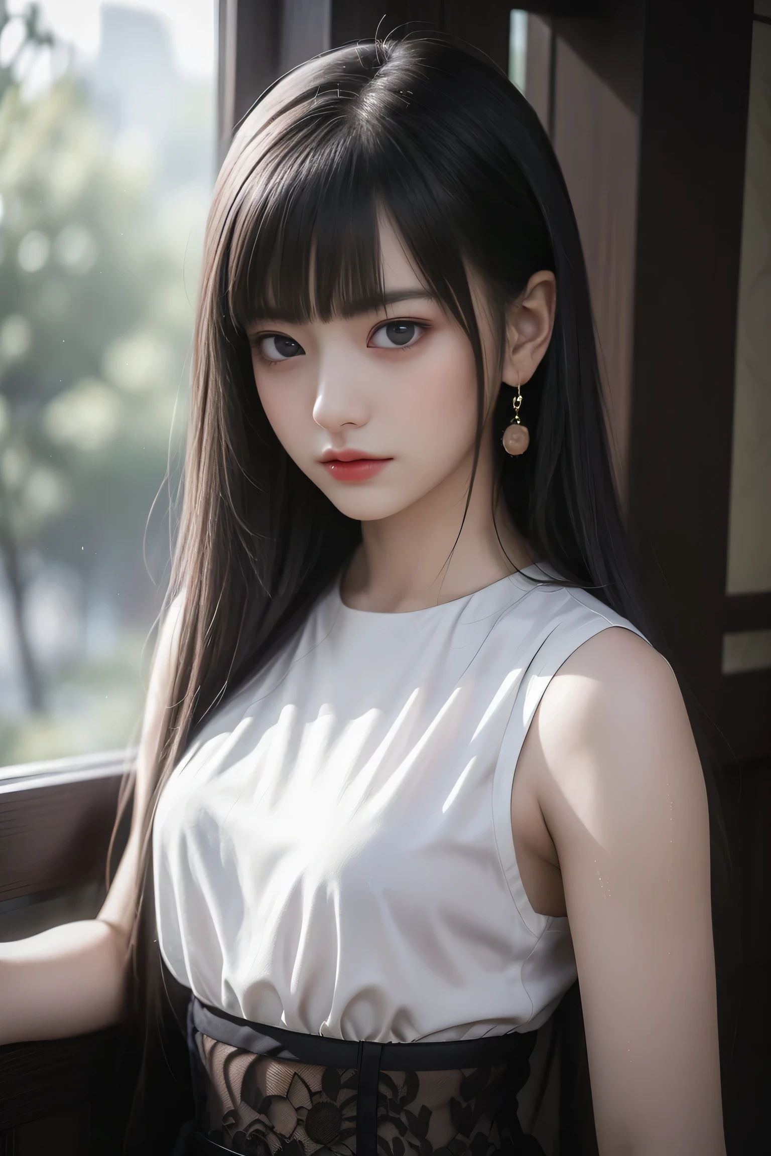 Araffe asian woman with long black hair and a white top - SeaArt AI