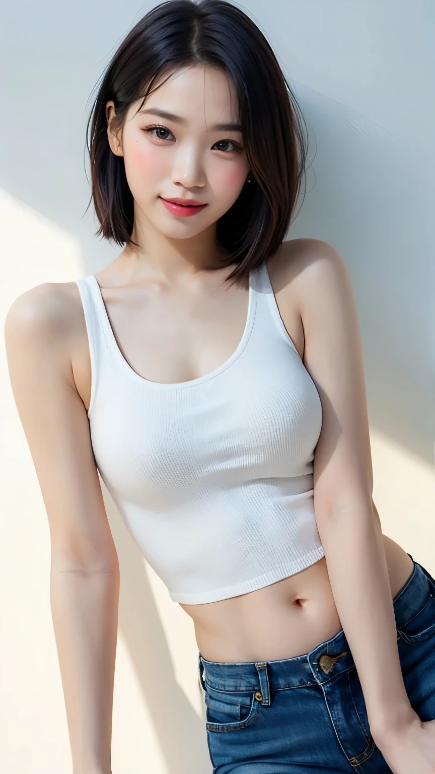 realistic,photorealistic,photo-realistic:1.37,best quality,4k,8k,highres,masterpiece:1.2,ultra-detailed,beautiful detailed eyes,beautiful detailed lips,extremely detailed eyes and face,longeyelashes,1girl,slim body,cosplay,revealing,nipples,(short straight hair),(sexy but),(sexy pose),realistic pictures,(bob hair color, smiling),(White tanktop, jeans)