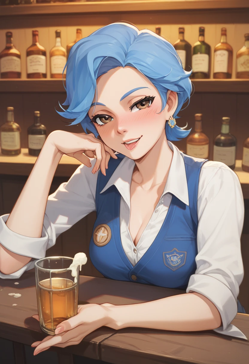 emily de stardew valley, short blue hair, attending a bar,  very drunk, seductive,  avsugning