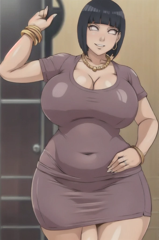 Hinata hyuuga,Big breast,((Cleavage)),Gold chain necklace,Gold hoopa bracelet,((oval hoopa earring)),colored Long nail,Skindentation,((Wedding ring)),ear visible,SHORT SLEEVE thin black dress,((Solo)),((1girl)),Detailed hand,Standing,((Body facing front)),Visible nape,Glossy lips,Wide hip,Curvy figure,Light blush,Gaze on viewer,Swaying hip,smile,Close mouth