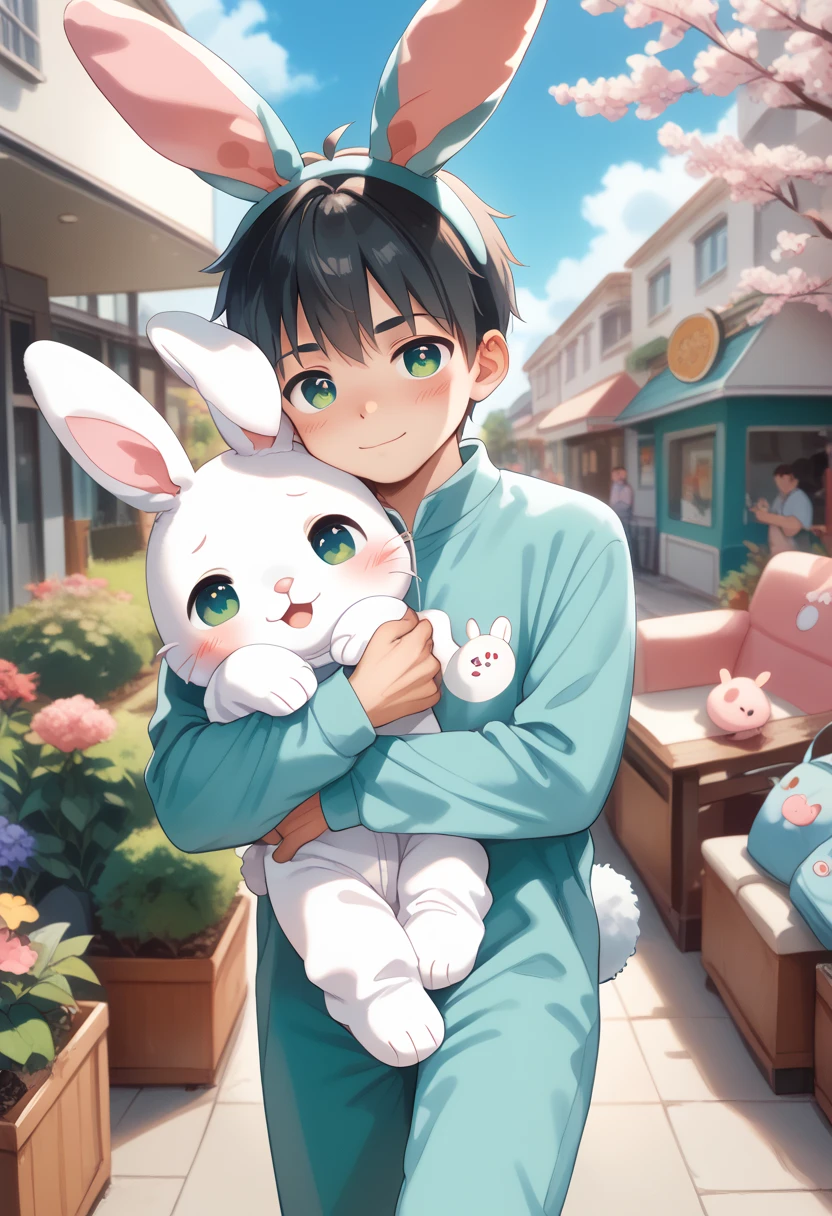 Comic style, comic anime cute boy, black hair, green eyes, slightly blushing, is a primary school boy, baby clothes, bunny suit pink, cute face, big eyes, anime drawing style, shota boy size,slim body, boy's body, gay, boys love it, man and boy, heart in pupil baby boy, small boy, arm hug holding boyfriend, baby bunny clothes 