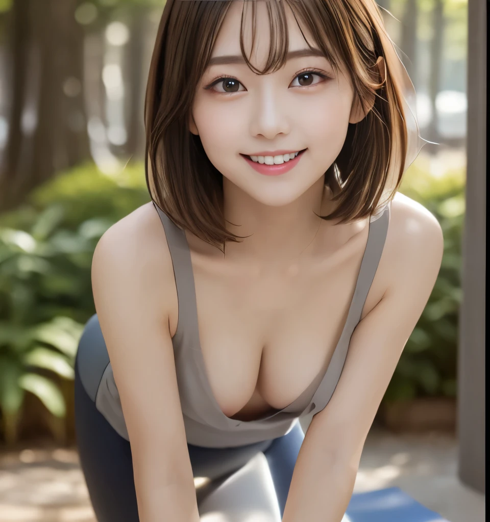   best quality 、、  ultra high resolution with forest background、  Masterpiece 、Clear photo、 Professional Lighting、smile、(Very cute girl、Beautiful girl、 Cute Yuki Yoda 、 the cutest in the world )、( small breasts:1.8、 flat chested:1.8、( big erect nipples )、Hunchback、  cleavage in the back )、 Thin Waist、 beautiful legs with tails、(、 is wearing white tights、((Yoga poses))、( sexy pose ))、 very short hair:1.8、 brown hair