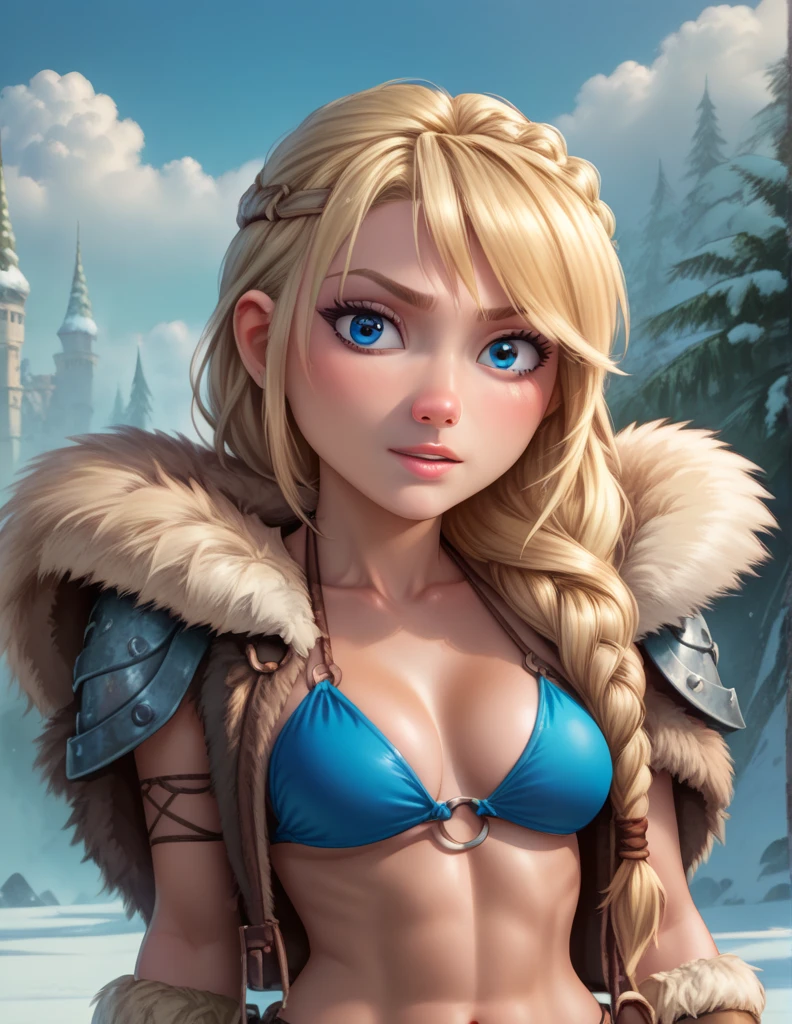 score_9, score_8_up, BREAK, ASTRIDHOFFERSON, 1girl, solo, blonde hair, braid, Long hair, blue eyes, fur trim, bikini 