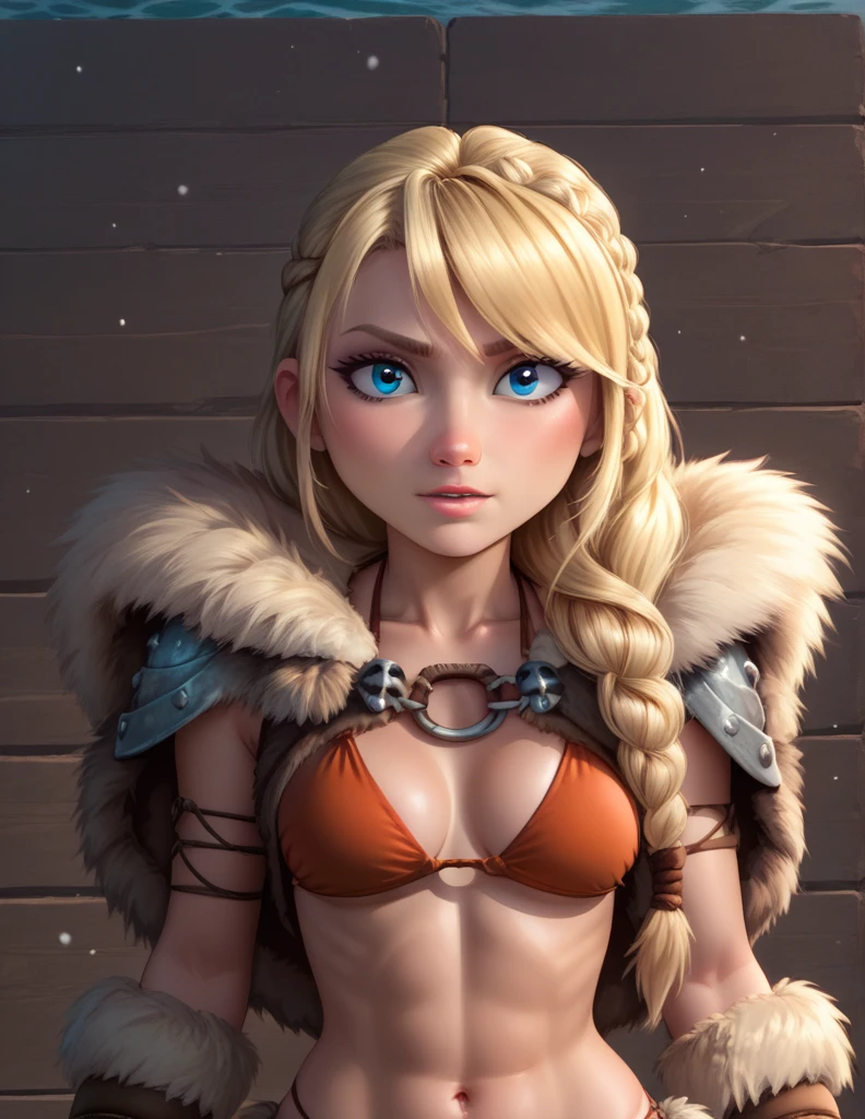 score_9, score_8_up, BREAK, ASTRIDHOFFERSON, 1girl, solo, blonde hair, braid, Long hair, blue eyes, fur trim, bikini 