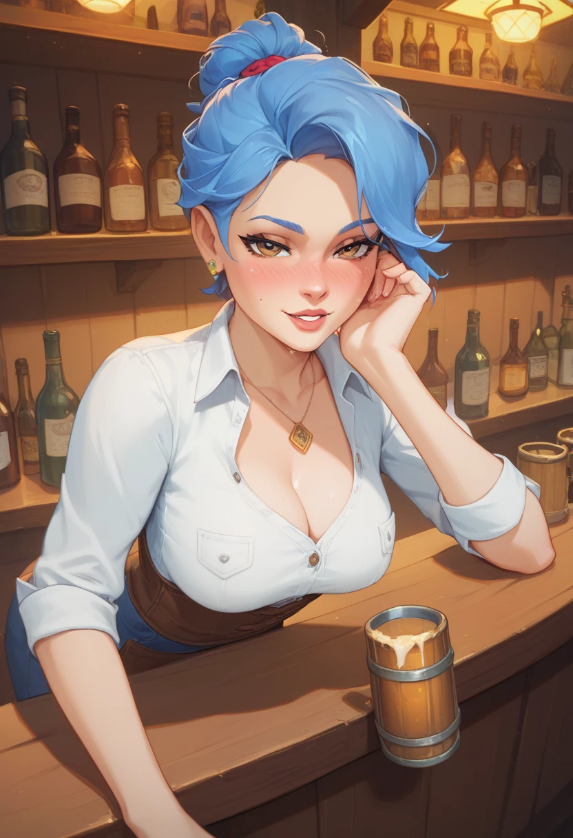 emily de stardew valley, short blue hair, attending a bar,  very drunk, seductive,  having sex