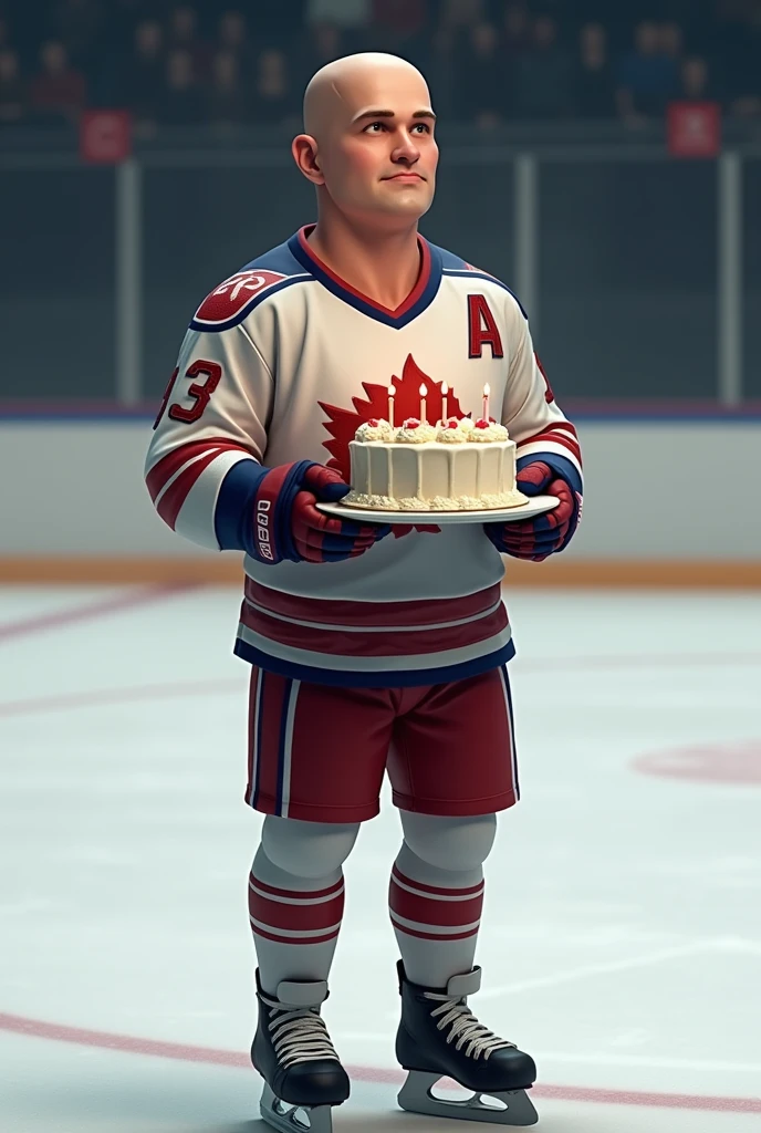 Bald man with average weight and no facial hair at all, in ice hockey outfit with birthday cake