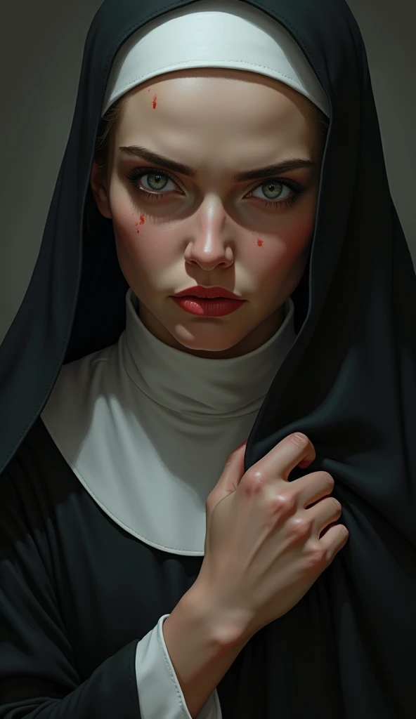 A close-up portrait of the Nun of Monza, wearing a traditional 17th-century nun's habit, with a white coif and a black veil. Her face shows a mix of solemnity and melancholy, with soft light highlighting her delicate features. The background is dark and textured, adding depth and an air of mystery to the image