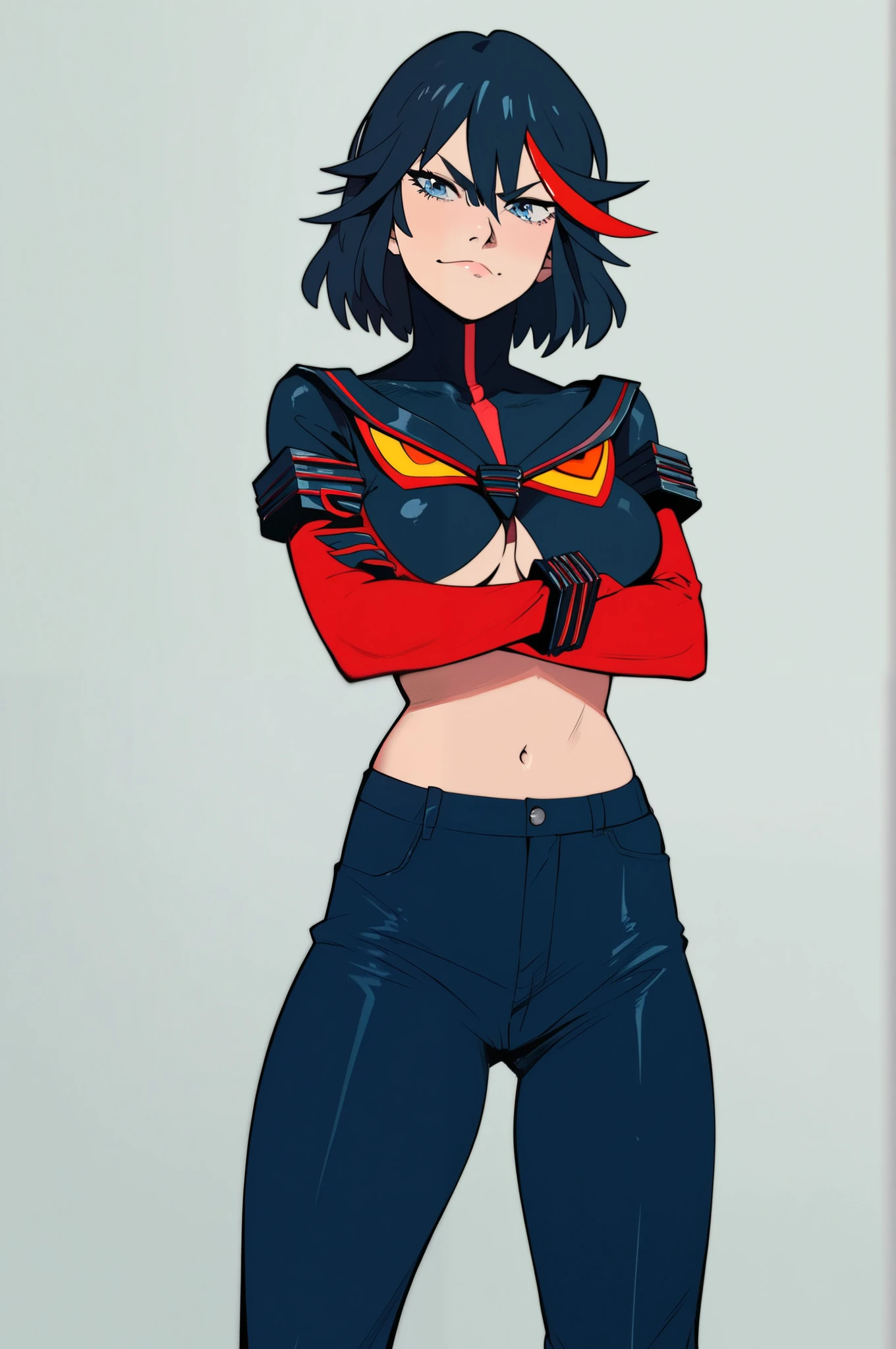 score_9, score_8_up, score_7_up, score_6_up, score_5_up, score_4_up, by sinozick, highly detailed, 4k. matoi_ryuuko, kill_la_kill, 1girl, black_hair, blue_eyes, standing, solo, crossed arms, smirk, exposed navel