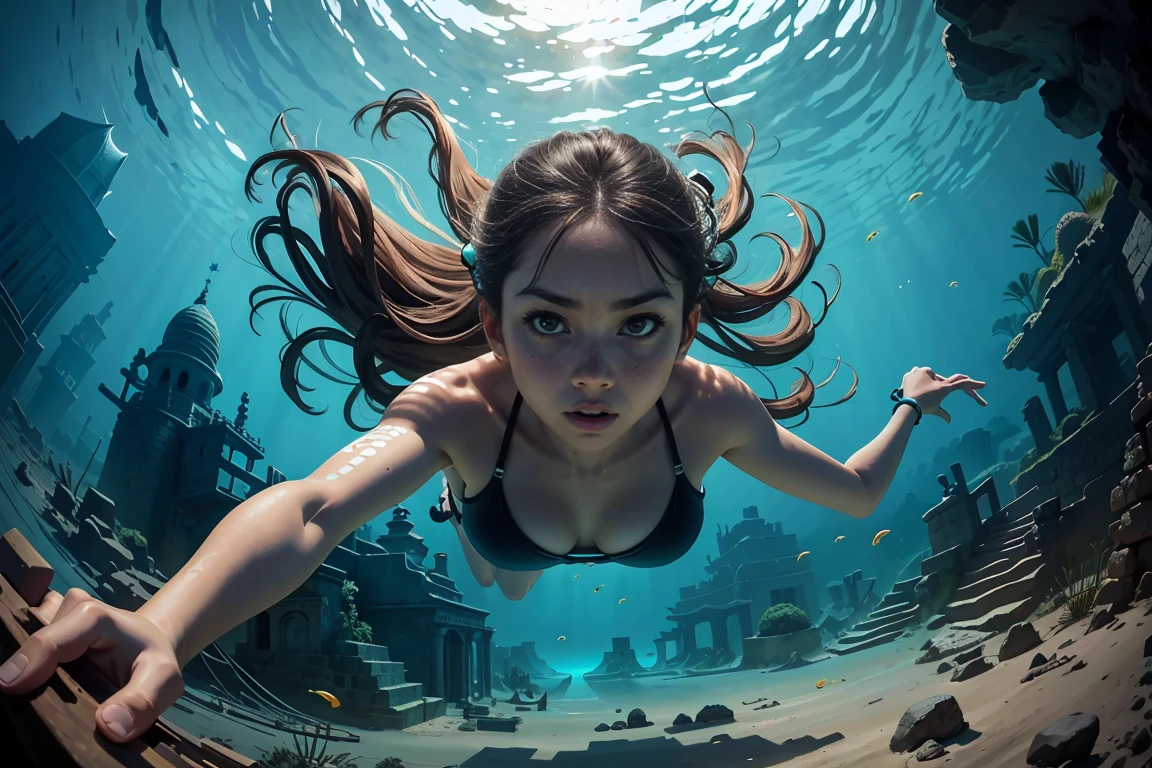 The girl is a diver for shells and pearls. Exotic, warm coral atoll. In an underwater scene, a very beautiful island girl collects shells in the coral reefs underwater. Bluewater, reflections of light from above penetrate through the water, air bubbles, and exotic - tropical underwater landscape. A girl - a diver in a realistic style, flexible - and graceful, with dark skin, and dark long hair developing in the water, dives headfirst for shells on the sandy bottom. Very positive exotic underwater scene - nude islander girl diver. She dives underwater, her hair is developing, there is a necklace on her neck, and there is a bag on a rope for treasure on her bare hips. Realistic visualization, in blue tones, light reflexes, coral atolls in the background (fish, crabs, malus, a variety of underwater tropical animals). High-detail textures, light reflections on the diver’s body, light refraction, and caustics. 8K, FUL HD, cinematic rendering, feature film., brown hair, quad drills, hair over shoulder, very long hair, hair spread out, hair beads, light smile, holding breath, Surrealism, Futurism, Romanticism, chiaroscuro, ray tracing, reflection light, backlighting, halftone, rounded corners, partially underwater shot, from below, wide shot, atmospheric perspective, high quality, highres, textured skin, anatomically correct, masterpiece, ccurate