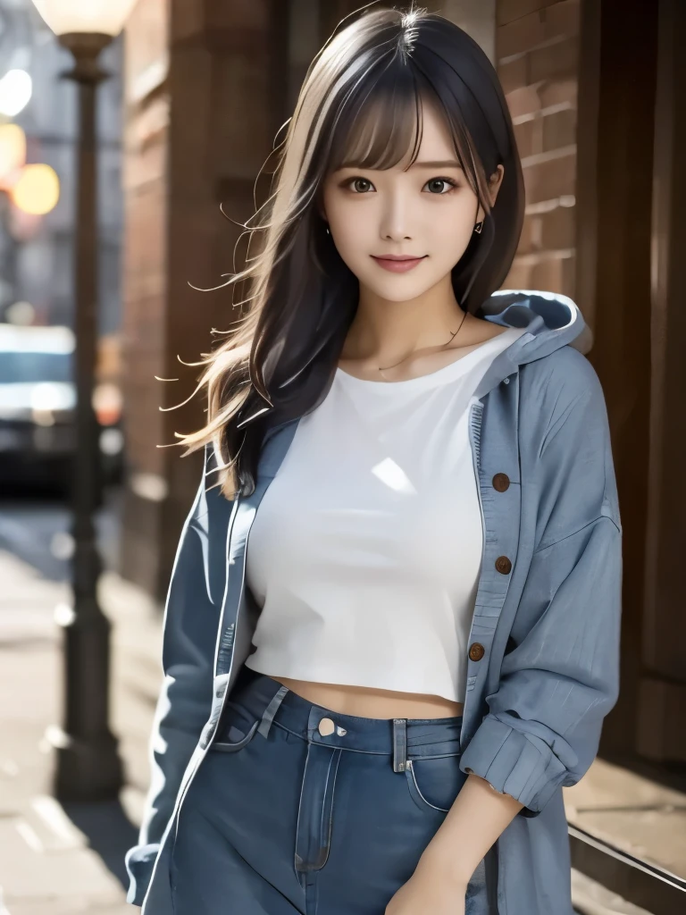 detailed face, cute face,brown eye, master piece , best quality , highly detailed , (matured female) , hand in pocket , hoodie , short denim , smile , japanese
