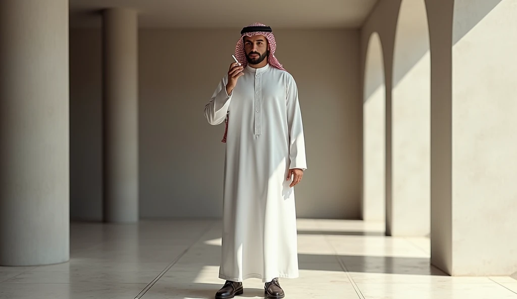 The same young Middle-Eastern man in a white traditional prayer garment, standing with his arms crossed over his chest, eyes softly gazing downward, positioned on a beautiful patterned prayer rug, surrounded by the intricate design of a mosque interior, gentle ambient lighting illuminating the scene, capturing the reverence and tranquility of the recitation stage, 16:9 aspect ratio, hyper-realistic, f/2.8, ISO 200, 50mm lens 