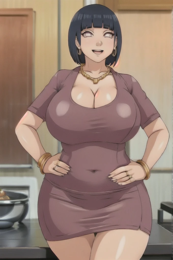 Hinata hyuuga,Big breast,((Cleavage)),Gold chain necklace,Gold hoopa bracelet,((oval hoopa earring)),colored Long nail,Skindentation,((Wedding ring)),ear visible,SHORT SLEEVE thin black dress,((Solo)),((1girl)),Detailed hand,Standing,((Body facing front)),Visible nape,Glossy lips,Wide hip,Curvy figure,Light blush,Gaze on viewer,Swaying hip,smile,Close mouth