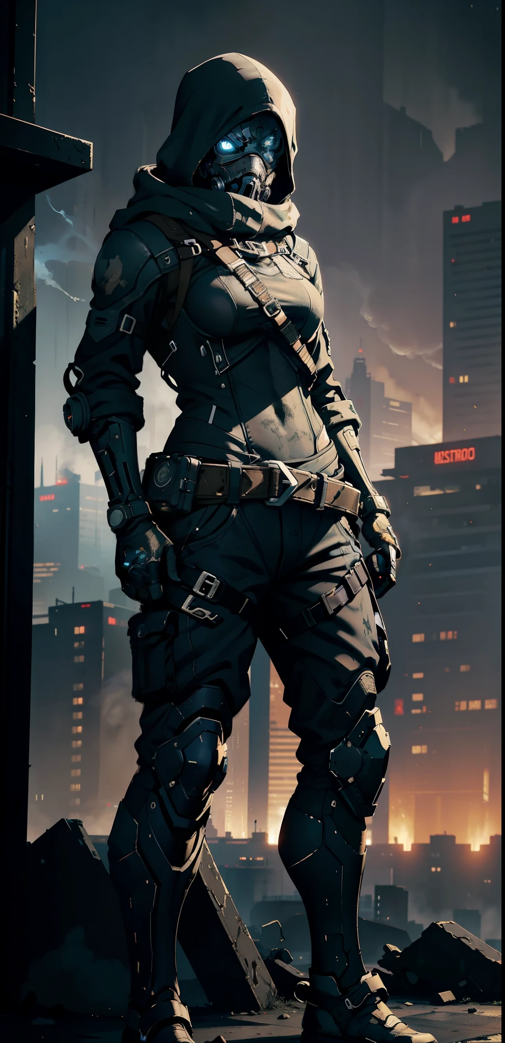 (Character with gas mask:1.0), Intimidating figure, (Fundo escuro:1.0), Shrouded in smoke, (Cyberpunk:1.0), Full-body shot, (Corpo inteiro:1.0), Cityscape in the background, (Realista:1.0), High level of detail, (4K:1.0), Gritty texture, Hazy atmosphere, Detailed gas mask design, Expressive eyes peering out, Detailed clothing beneath gas mask, Dystopian cityscape, Distressed colors, Dramatic lighting, Moody and thought-provoking.