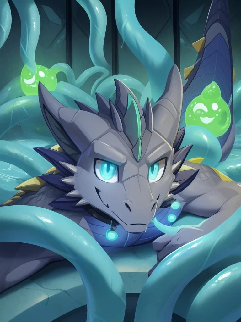 Countless black tentacles growing from a single green eye. Floating in the sky. Night sky. 