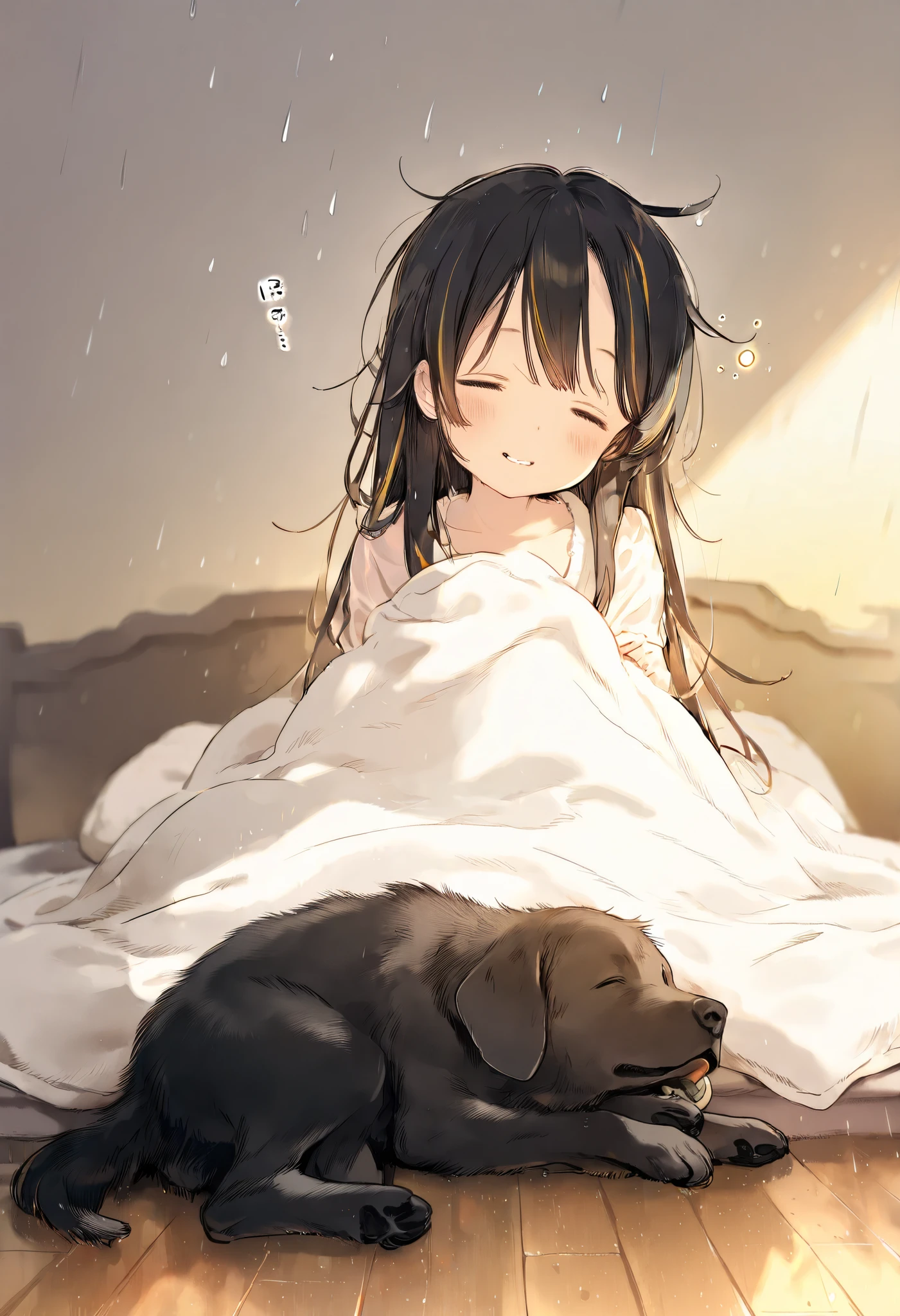 illustration, best quality, highly detailed, 1girl, small  waking up, gentle smile, father sitting by the bed, large black dog lying nearby, cozy bedroom, soft morning light filtering through rain-streaked windows, faint glow reflecting off wooden floors, warm blankets slightly rumpled, subtle rain atmosphere, nostalgic and heartwarming mood, sense of family and comfort
