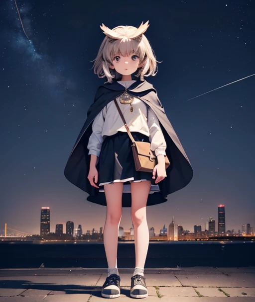 Night Sky, city,   1 girl, owl， standing, Alone, whole body, , Maribe,  Puffy Short Sleeves ,  Cape, bag