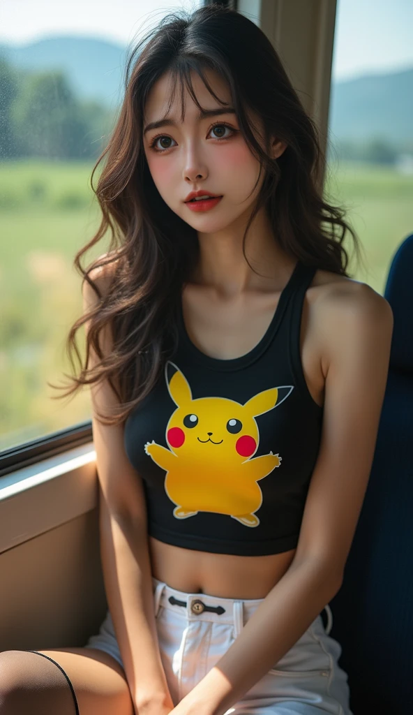 a age girl, wearing headphones, There is no one else in the background, Beautiful features, big eyes, wearing sunglasses, high nose bridge, sexy lips, cute earrings, sexy body, 9 heads, golden ratio, Bangs, Slightly curly wavy hair, light pink hair, high chest, Pink print T-shirt, denim hot-pants, canvas shoes, Retro Style, 90s style, Nostalgic style, comic style, Magazine cover Pikachu T-shirt Pikachu shirt big bust mid-waist, A very beautiful girl,light blue hair,A busy street in the background,Du Qiong,Anime 5 sleep,image,under art,The breasts are big and beautiful,Super big breasts,Chest tightness,tight clothes,Wearing a light blue tight T-shirt,Various light blue dresses,Square pedestrian street,Ray tracing,bright,It's drizzling,Upper body close-up,