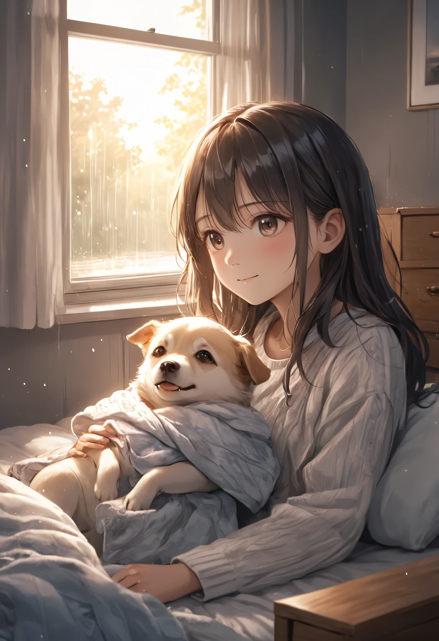 illustration, best quality, highly detailed, 1girl, small waking up, gentle smile, father sitting by the bed, large black dog lying nearby, cozy bedroom, soft morning light filtering through rain-streaked windows, faint glow reflecting off wooden floors, warm blankets slightly rumpled, subtle rain atmosphere, nostalgic and heartwarming mood, sense of family and comfort