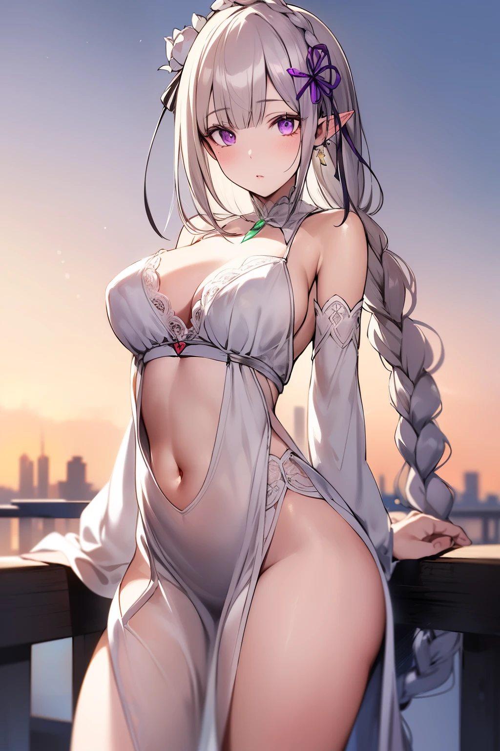 (((NSFW,masterpiece, Ultra-high resolution, Ultra-high-definition 8K image quality))), anime, Beautiful Mature Woman, Anatomically correct body structure, Small and cute face, Slender and well-proportioned body, (((Silver long hair, Lightly wavy hair))), (((clear beautiful red eyes, Eyes with highlights, Very long eyelashes))),Lewd,blush, Cute Smile, (((Overflowing super large breasts, Slim waist, Sexy big ass))), (((Purple micro bikini and thong))), Summer beach background,((Squat with your crotch wide spread)),Show your side,