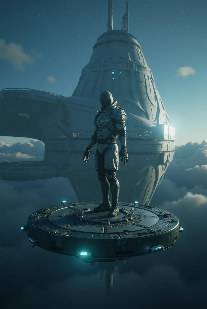 (Best Quality, 4k, ultra detailed, high resolution, Masterpiece: 1.2),(wide angle, Character in the distance on a futuristic building:1.5), There is a character seen from afar, located on a high observation point:1.4. It is small compared to the surroundings., highlighting the magnitude of the ship. The character is equipped with a space suit:1.5, with flashing lights and mechanical details.view of outer space: Through the ship&#39;s openings, you see a vast starry space. The stars are unevenly distributed., creating variable densities and suggesting the remoteness of some celestial objects.