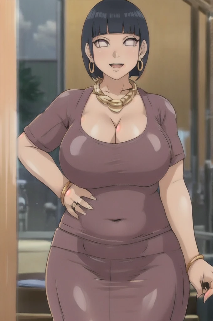 Hinata hyuuga,Big breast,((Cleavage)),((Gold chain necklace)),Gold hoopa bracelet,((oval hoopa earring)),colored Long nail,Skindentation,((Wedding ring)),ear visible,SHORT SLEEVE thin black dress,((Solo)),((1girl)),Detailed hand,Standing,((Body facing front)),Visible nape,Glossy lips,Wide hip,Curvy figure,Light blush,Gaze on viewer,Swaying hip,smile,Close mouth