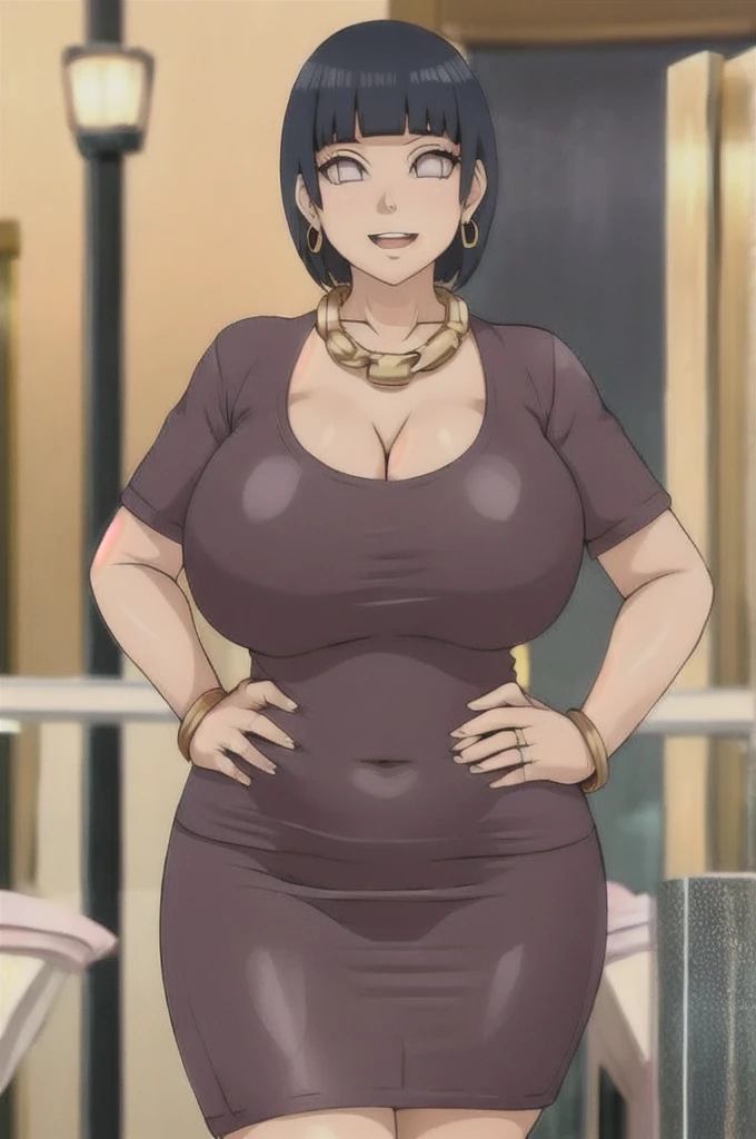 Hinata hyuuga,Big breast,((Cleavage)),((Gold chain necklace)),Gold hoopa bracelet,((oval hoopa earring)),colored Long nail,Skindentation,((Wedding ring)),ear visible,SHORT SLEEVE thin black dress,((Solo)),((1girl)),Detailed hand,Standing,((Body facing front)),Visible nape,Glossy lips,Wide hip,Curvy figure,Light blush,Gaze on viewer,Swaying hip,smile,Close mouth