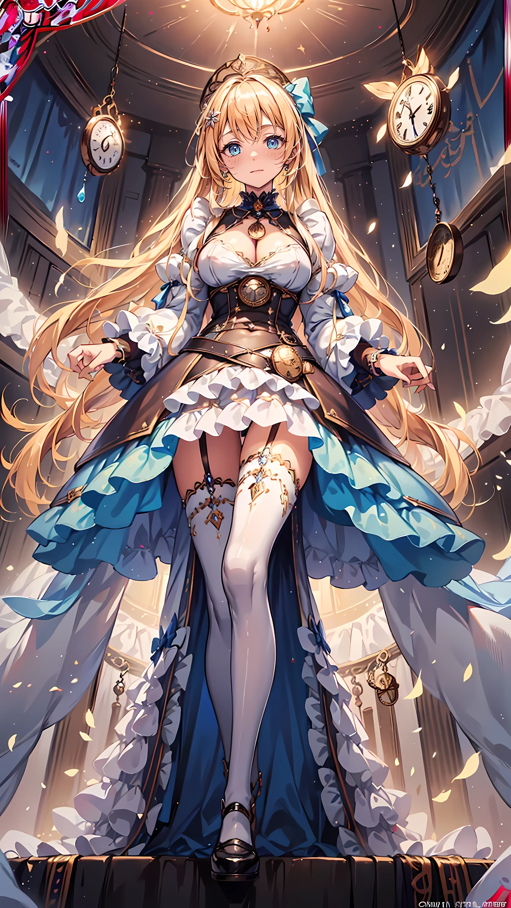 (Masseter area、 Top Quality 、mystery、beautiful aesthetic、 Perfect body balance 、 Official Art 、 Impressionism 、:1.2)、( 1 girl has :1.3)、( Fractal Art:1.0)、 shiny skin 、pattern、( Alice in Wonderland :1.2)、(trump card、cup、 Pocket Watch :1.3)、( Tie your hair with a ribbon、 Blue Dress 、 mini skirt、 Beautiful legs、 white apron 、 Holding white socks 、 Platinum Blonde、 blue eyes)、 Irregular wallpaper 、 Very showy、 abstract background 、Excellent