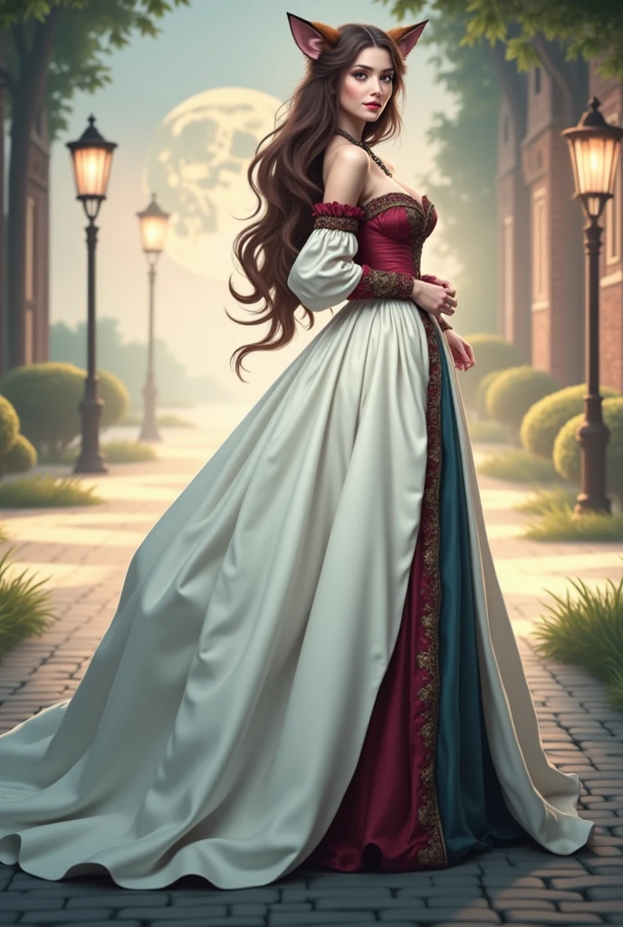 solo, women, green eyes, long hair, black color hair, bare shoulder clothing, formal outfit, long skirt, boots, diamond earrings, Gold necklace, red lipstick, gold bracelet, outdoor, medieval, park Castle, morning day, full body version, full shot camera, (detailed background, detailed hair, detailed clothing), (Bleach style art), big breasts, happy eyes, smile mouth, standing gesture