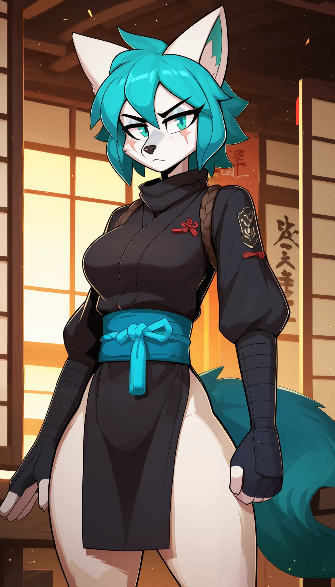 masterpiece, best quality, serious expression, 1girl, anthro, furry, white fur, fluffy fur, artic fox girl, furry, artic fox ears, animal nose, cute eyes, cyan eyes, artic fox tail, cyan hair, short hair, (straight hair), solo, (dojo), detailed, black ninja uniform, eye scar, medium breast, thick thighs, half-closed eyes, looking at the viewer, standing, (kilinah), light particles, score_9, score_8_up, score_7_up, score_6_up, score_5_up, score_4_up