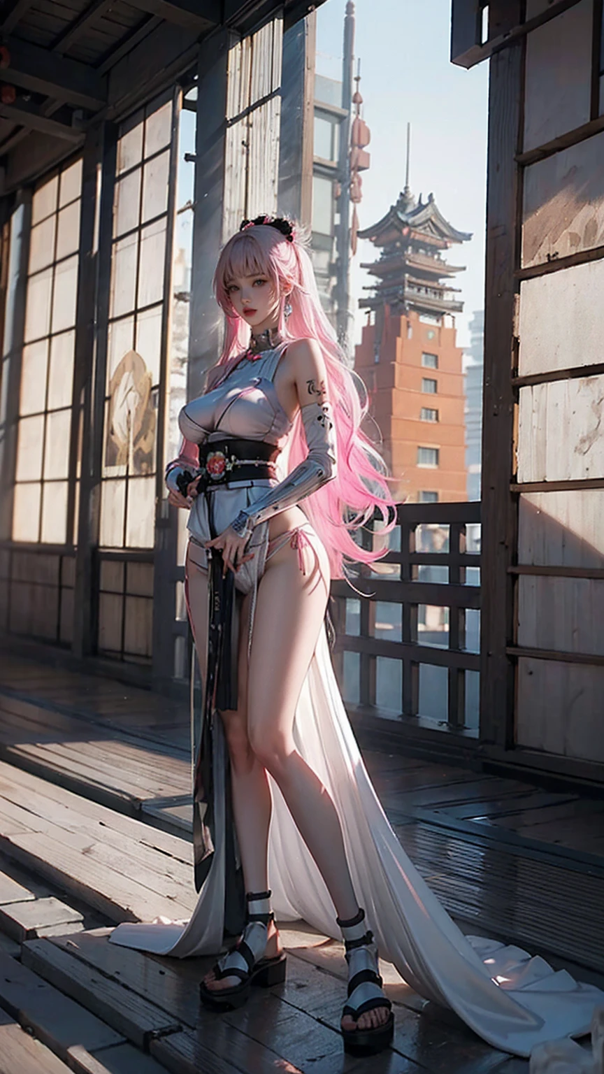 highest quality、Surreal、Perfect Anatomy、Crowded busy street、Surrounded by spectators、Crowd、Wet and shiny white skin、Sweat dripping all over the body、Slender model figure、Ahegao、Silver and pink hair、soaked、Super small face、Collars and Leads、Large cleavage、Cyberpunk City、photo shoot、Japanese sword、Micro Bikini、