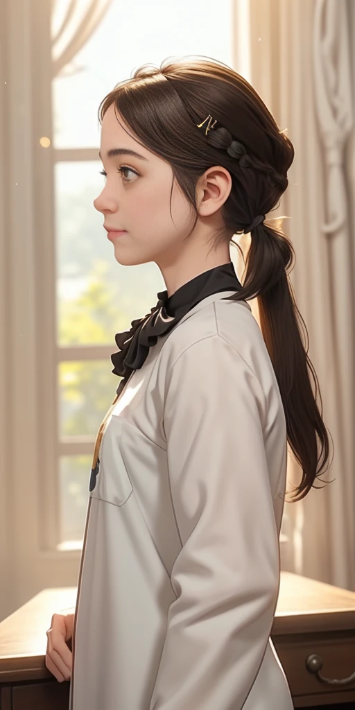 (21yr), (curious face), (pale skin), (dark black hair), ((pigtail:1.2)), (black eyes), (best quality, ultra-detailed), (character sheet:1.2), full body, front view, side view, back view, delicate hair ornaments, long gray hair smooth, bow ribbon, bright smile, Uniforms, Reference Table, nfsw, precise, super detail, SolidBackground, high detail, 4k, dagger decoration, same character