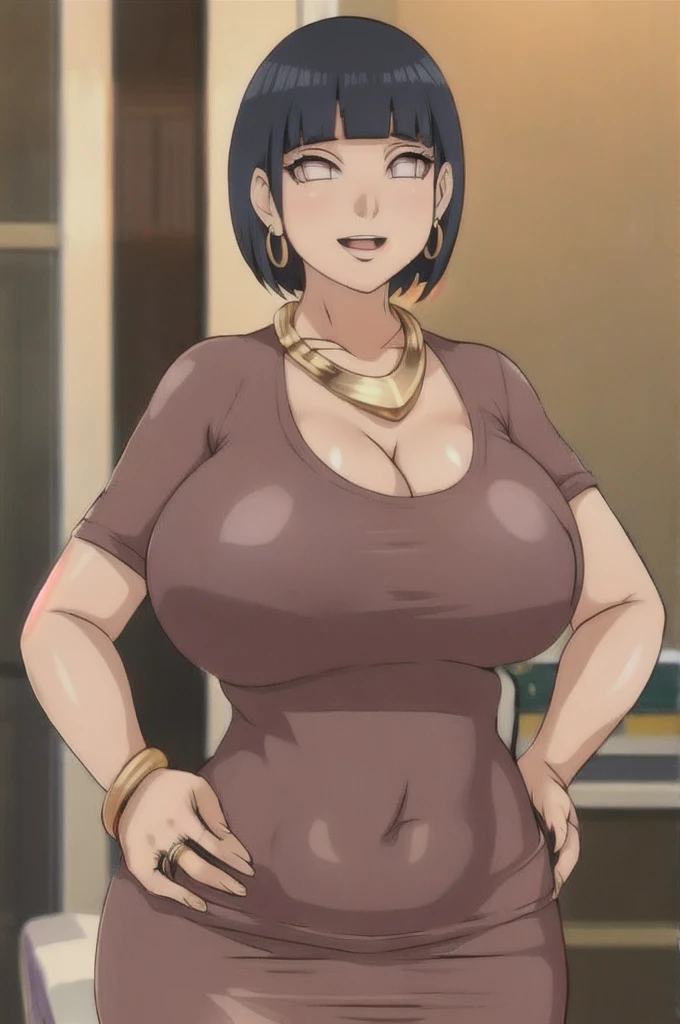 Hinata hyuuga,Big breast,((Cleavage)),((thin Gold chain necklace)),Gold hoopa bracelet,((oval hoopa earring)),colored Long nail,Skindentation,((Wedding ring)),ear visible,SHORT SLEEVE thin black dress,((Solo)),((1girl)),Detailed hand,Standing,((Body facing front)),Visible nape,Glossy lips,Wide hip,Curvy figure,Light blush,Gaze on viewer,Swaying hip,smile,Close mouth