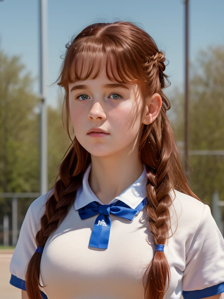(best quality,4k,8k,highres,masterpiece:1.2),ultra-detailed,(realistic,photorealistic,photo-realistic:1.37), ((deutschland, mittelalter, nebliger bergwald, a young school girl, she wears uniform, skirt, solo, shy)), ((very large bust size for her young age)), she wears beret, she wears no bra, braided red hair, pale skin