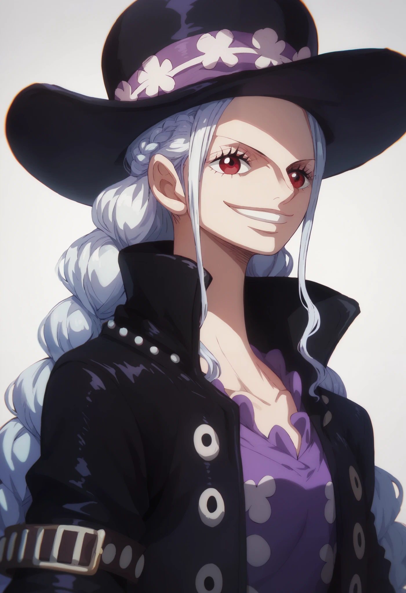 A young girl from one piece, long hair, hat, very dark purple clothes, black jacket , red eyes, silver braids, goth, smile, perfect anatomy 