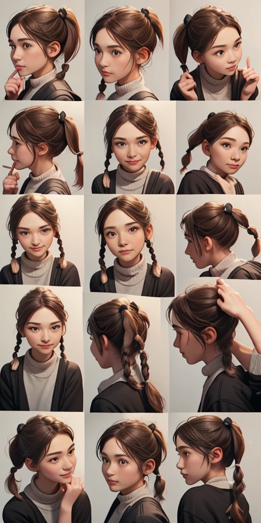 (21yr), (curious face), (pale skin), (dark black hair), ((pigtail:1.2)), (black eyes), (best quality, ultra-detailed), (character sheet:1.2), full body, front view, side view, back view, delicate hair ornaments, long gray hair smooth, bow ribbon, bright smile, Uniforms, Reference Table, nfsw, precise, super detail, SolidBackground, high detail, 4k, dagger decoration, same character