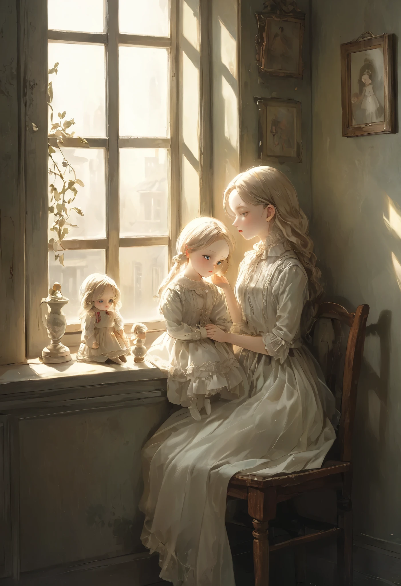 illustration, best quality, highly detailed, 1girl, dollmaker's daughter, sitting by the window, leaning on her hand, melancholic expression, soft lighting, twin dolls placed symmetrically on the windowsill, intricate and elegant doll clothing, pale porcelain skin of the dolls, gentle sunlight filtering through dusty glass, shadows creating a nostalgic atmosphere, vintage room with wooden furniture, quiet and melancholic mood
