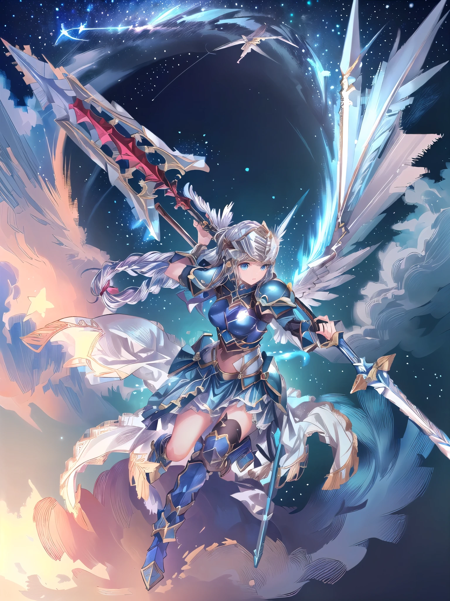  Archangel,  Legendary God Holds a Spear  ,Renesse floats in the sky and throws a spear  (solo：1.5 )，Maxi Kit,  full body shot,break，whole body, score_9,  score_8_Excellent,  score_7_Excellent, A 32K ，( Depictions with attention to detail)((Highly detailed CG integration), (( super real , Dynamic action poses with vivid 3D ))，(Realistic) detailed face ，(( dark blue eyes:1.4,  Round Eyes,  clear eyes, detailed eyes on board， beautiful lashes)),  hair with dazzling highlights  , braided hair,Grey Hair， beautiful skin ，Shiny blue armor ,Detailed Decorative Blue Armor ,  armored dress , （ silver helmet with red gemstones 1.5）,（Blue Armor 1 with No Exposed Skin .3),Blue shoulder brace , Blue Gauntlets, blue lower back armor 、 white skirt, blue shin guard ,blue long boots, The center of the belly is made of leather and color 、Sheath on the left waist , (holding ( Giant Silver Spear  :1.５)),(( dramatic graphic background ： starry sky ， beautifully detailed backgrounds ,Star Background,Night Sky)), ,((Energy Wings :1.3),(flight:1.5) scattered blue feathers、(( best quality)),( ultra high resolution with forest background),( super detailed)