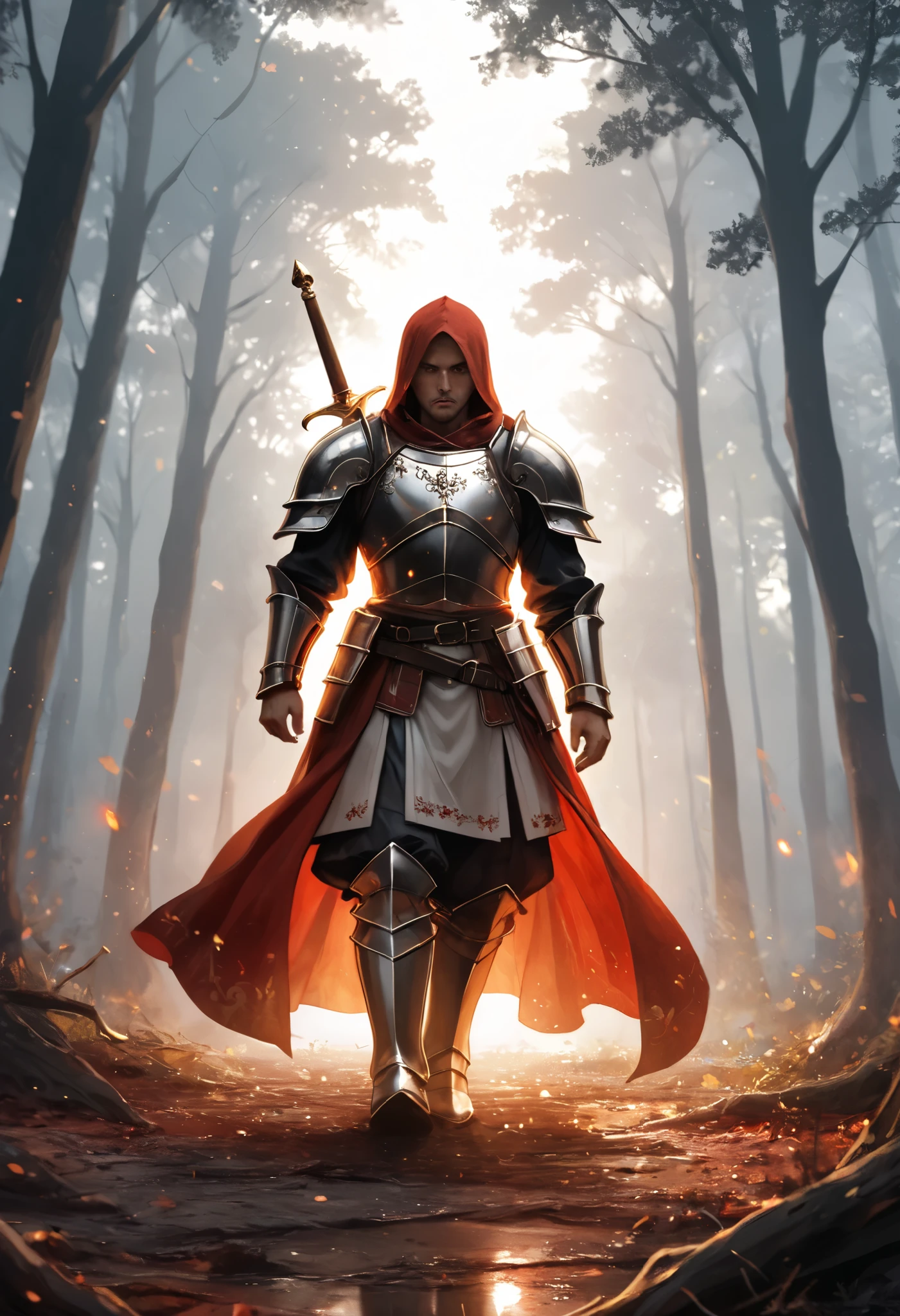 illustration, best quality, highly detailed, cinematic composition, two knights, blonde knight, red-haired knight, medieval armor, firecd_xl, intense duel in a twilight forest, ancient trees with gnarled roots, golden and crimson light filtering through the canopy, swords gleaming with red and black reflections, blood-stained ground, fallen s and broken weapons scattered, dramatic shadows stretching across the battlefield, melancholic and tragic atmosphere, question of morality and fate
