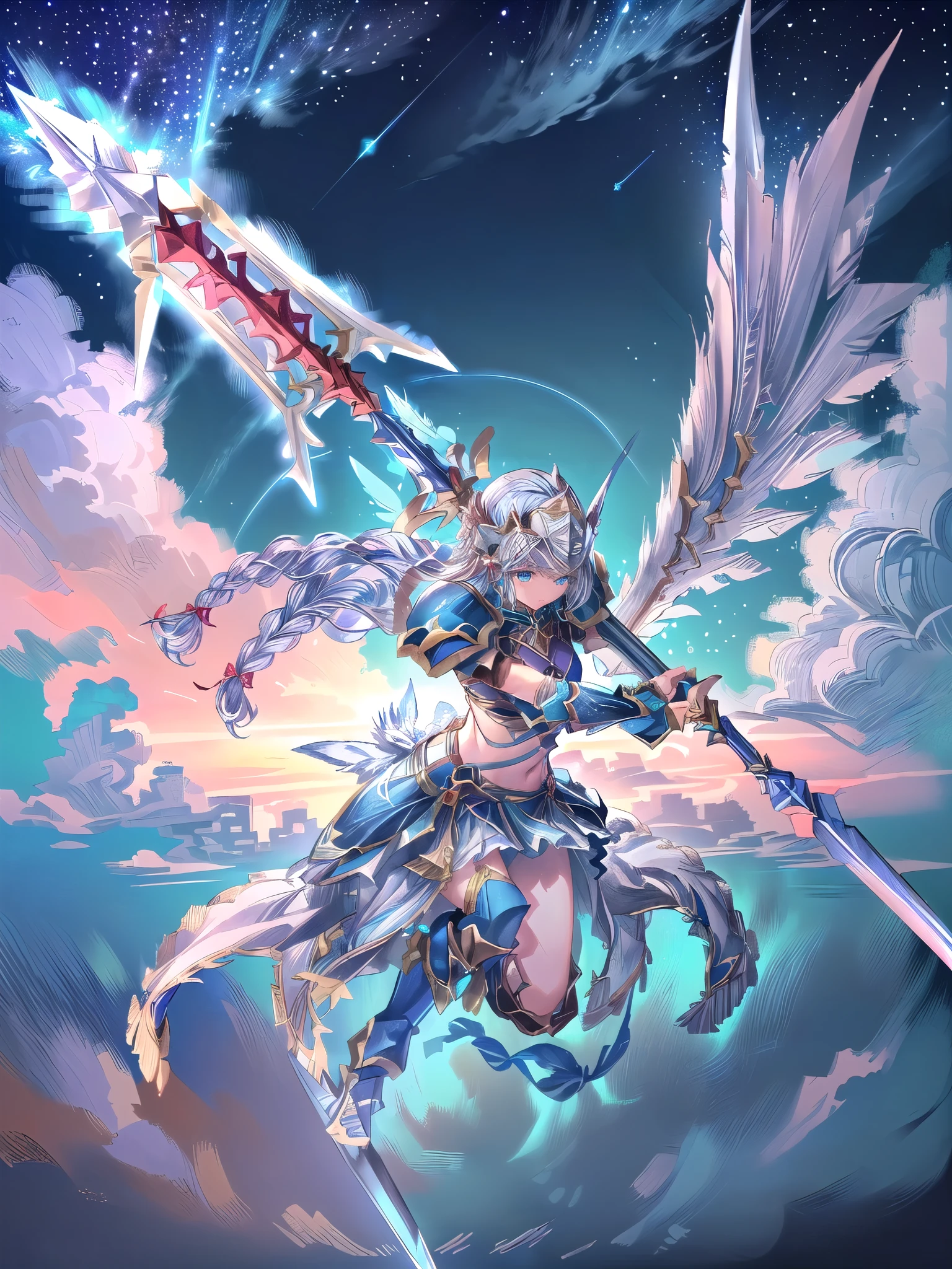  Archangel,  Legendary God Holds a Spear  ,Renesse floats in the sky and throws a spear  (solo：1.5 )，Maxi Kit,  full body shot,break，whole body, score_9,  score_8_Excellent,  score_7_Excellent, A 32K ，( Depictions with attention to detail)((Highly detailed CG integration), (( super real , Dynamic action poses with vivid 3D ))，(Realistic) detailed face ，(( dark blue eyes:1.4,  Round Eyes,  clear eyes, detailed eyes on board， beautiful lashes)),  hair with dazzling highlights  , braided hair,Grey Hair， beautiful skin ，Shiny blue armor ,Detailed Decorative Blue Armor ,  armored dress , （ silver helmet with red gemstones 1.5）,（Blue Armor 1 with No Exposed Skin .3),Blue shoulder brace , Blue Gauntlets, blue lower back armor 、 white skirt, blue shin guard ,blue long boots, The center of the belly is made of leather and color 、Sheath on the left waist , (holding ( Giant Silver Spear  :1.５)),(( dramatic graphic background ： starry sky ， beautifully detailed backgrounds ,Star Background,Night Sky)), ,((Energy Wings :1.3),(flight:1.5) scattered blue feathers、(( best quality)),( ultra high resolution with forest background),( super detailed)