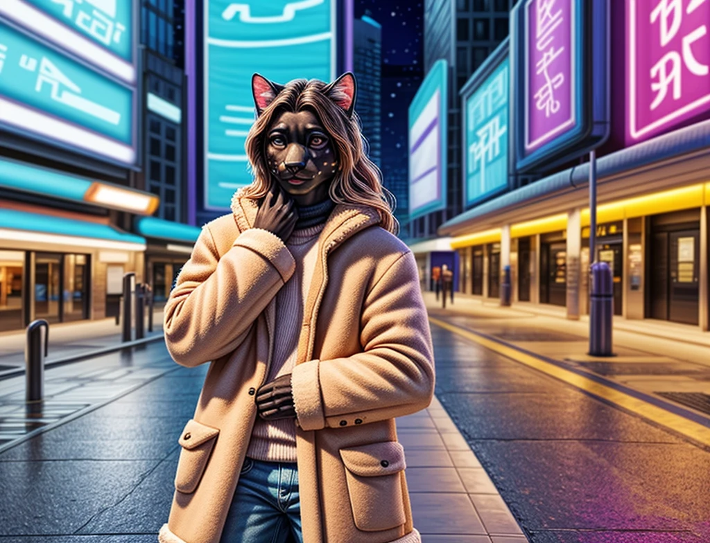 (photorealism:1.2), very beautiful adult anthropomorphic female cat, black skin, black fur, white fur spot in center of face covering 38% of face, white neck, light cyan eyes, brown wavy long hair, light pink lips, black winter coat, closed coat, rough tissue coat, white sweater, jeans, holding futuristic pocket, standing, giant dinosaur stone sculpt behind character, plaza, sci-fi futuristic city, alone