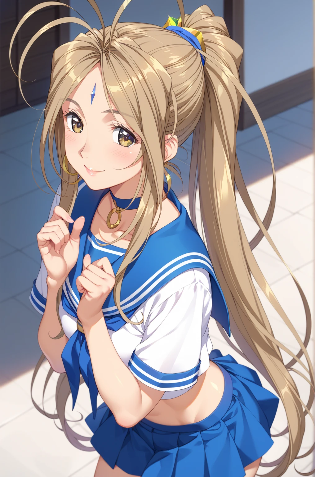 (Belldandy:1.2)、( 1 woman、solo)、25-year-old woman、Light brown hair、Shiny Hair、 high ponytail、Light brown eyes、Glamorous eyes、 textured skin 、 sailor suit 、 Mini Skirt、Summer clothes、blue、 standing、Both hands up、 high definition ,  best quality、 Detailed Details,  golden hair ornament、 Gold Earrings、smile、whole body、front、 choker、( blur the background :1.2)、